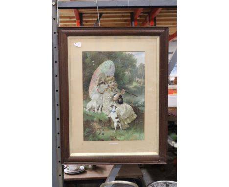 A VINTAGE FRAMED PRINT OF YOUNG GIRL WITH A PARASOL SURROUNDED WITH ALL HER ANIMAL FRIENDS ( 1861-1941) 