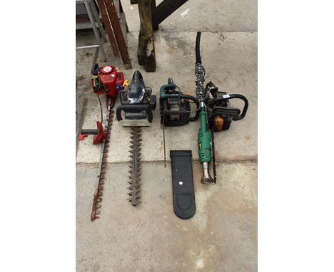 AN ASSORTMENT OF GARDEN TOOLS TO INCLUDE TWO PETROL HEDGE TRIMMERS AND TWO PETROL CHAINSAWS ETC 