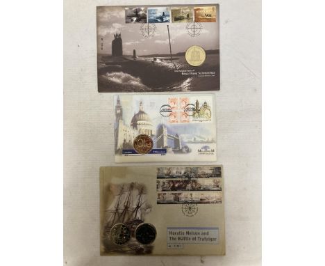 A MILLENIUM COIN FIRST DAY COVER TO INCLUDE A FIVE POUND COIN TOGETHER WITH A 2001 MEDALLIC COIN COVER 100 YEARS OF ROYAL NAV