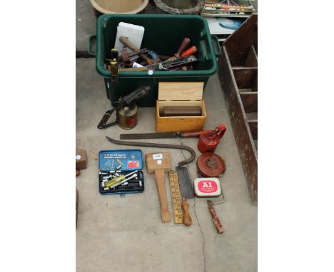 AN ASSORTMENT OF TOOLS TO INCLUDE AN OIL CAN, A VINTAGE BLOW TORCH AND FILES ETC 