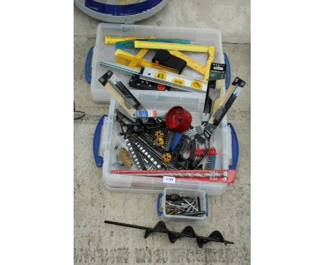 AN ASSORTMENT OF VARIOUS TOOLS TO INCLUDE SOCKETS, DRILL BITS AND SPIRIT LEVELS ETC 