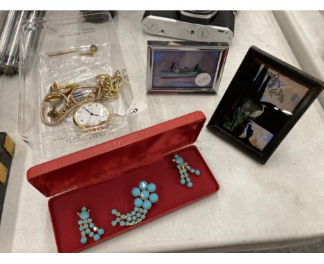 A 'GILLEX' POCKET WATCH WITH ALBERT CHAIN, CUFFLINKS, A MONET BRACELET AND AN EARRING AND BROOCH SET WITH TURQUOISE COLOURED 