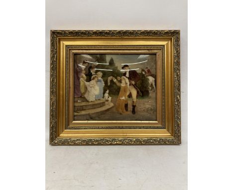 A FRAMED CRYSTOLEUM OF THE FIRST HUNT AFTER FREDERICK MORGAN 1849 - 1927 - 36 X 32 CM TO INCLUDE FRAME 
