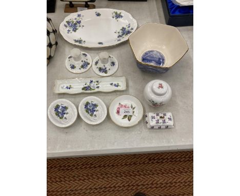 A QUANTITY OF ROYAL GRAFTON JACOBEAN 'VIOLETS' TO INCLUDE A SANDWICH PLATE, CANDLESTICKS,TRINKET BOXES, ETC, PLUS A RINGTONS 