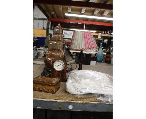 A COMPANION SET IN THE SHAPE OF A GALLEON, TABLE LAMP, VINTAGE LINEN, MANTLE CLOCK AND AN INLAID BOX 