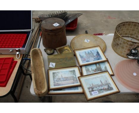 AN ASSORTMENT OF ITEMS TO INCLUDE FRAMED PRINTS, A BRASS ETCHING AND TREEN BUCKET ETC 
