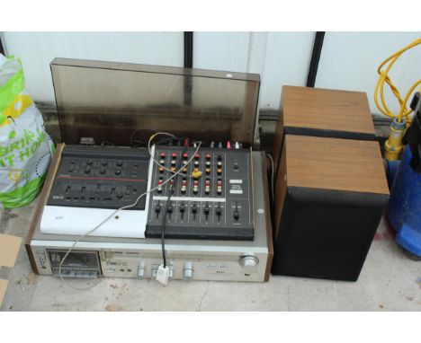 AN AKAI STEREO SYSTEM WITH MODEL 2A AUDIO MIXER AND A PAIR OF WOODEN CASED SOLAVOX SPEAKERS ETC 