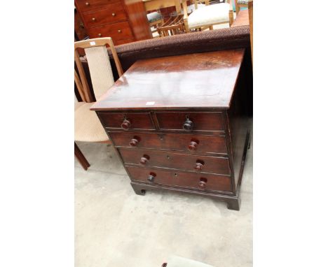 A 19TH CENTURY MAHOGANY CHEST OF TWO SHORT AND THREE LONG GRADUATED DRAWERS ON BRACKET FEET, 27" WIDE, 22.5" DEEP AND 28" HIG