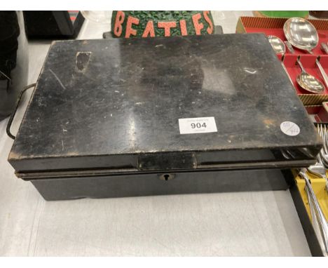 A VINTAGE METAL DEEDS BOX WITH KEYS 