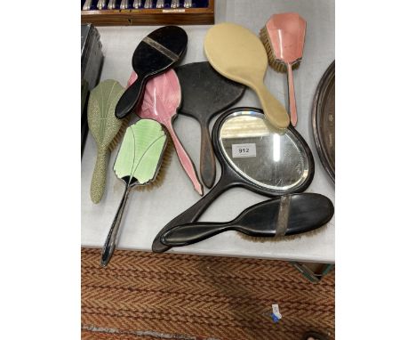 A QUANTITY OF  EBONY BACKED HAND MIRRORS AND BRUSH TOGETHER WITH GUILLOCHE ENAMEL BRUSH SET, ETC., 