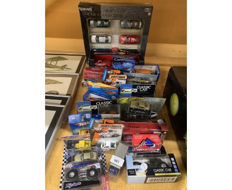 A LARGE COLLECTION OF DIE-CAST MODEL VEHICLES TO INCLUDE CARS, BUSES, ETC - ALL AS NEW IN BOXES 