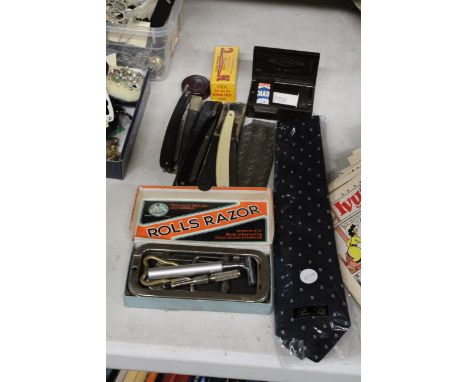 THREE VINTAGE CUT THROAT RAZORS, A VINTAGE ROLLS RAZOR IN ORIGINAL BOX, A SILK TIE, BAKELITE BOX, ETC 