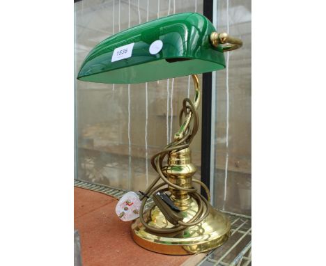 A VINTAGE BRASS BANKERS LAMP WITH GREEN GLASS SHADE 