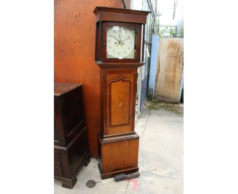 AN OAK CROSSBANDED AND SHELL INLAID EIGHT DAY LONGCASE CLOCK WITH SQUARE PAINTED ENAMEL FACE 