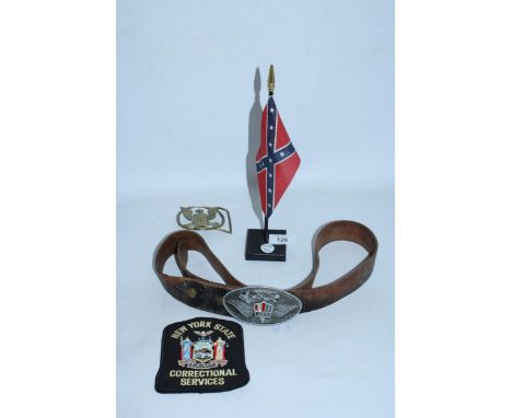 FOUR AMERICAN RELATED ITEMS TO INCLUDE A CONFEDERATE STATES OF AMERICA TABLE FLAG, A VINTAGE LEATHER BELT WITH BUCKLE PLUS BR