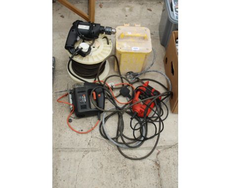 AN ASSORTMENT OF TOOLS TO INCLUDE A 110V TRANSFORMER, A BLACK AND DECKER JIGSAW AND A DRILL ETC 