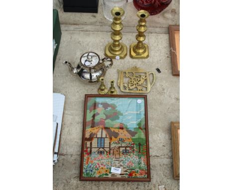 AN ASSORTMENT OF ITEMS TO INCLUDE A FRAMED TAPESTRY, BRASS CANDLESTICKS AND A TEAPOT ETC 