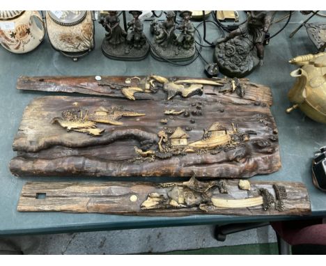 THREE VINTAGE HARDWOOD PANELS, POSSIBLY ORIENTAL, WITH DECORATIOJ OF A TREEHOUSE IN WOOD AND BONE WITH MOTHER OF PEARL DISCS 