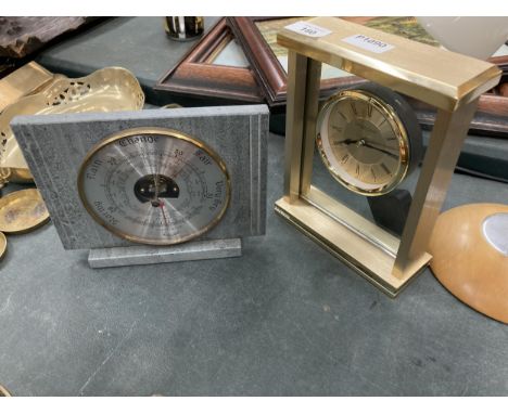 A VINTAGE ONYX MANTLE BAROMETER PLUS A HEAVY BRASS  "LONDON CLOCK" FLAT TOP MANTLE CLOCK 