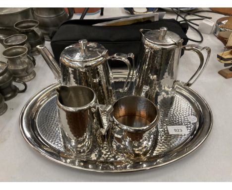 A NEW HALL, SILVER PLATED BEATEN TEASET TO INCLUDE, A TRAY, TEAPOT, HOT WATER POT, CREAM JUG AND SUGAR BOWL 