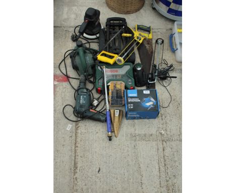 AN ASSORTMENT OF TOOLS TO INCLUDE A BLACK AND DECKER ELECTRIC DRILL, A CHALLENGE CAR BUFFER AND A SOLDERING STATION ETC 