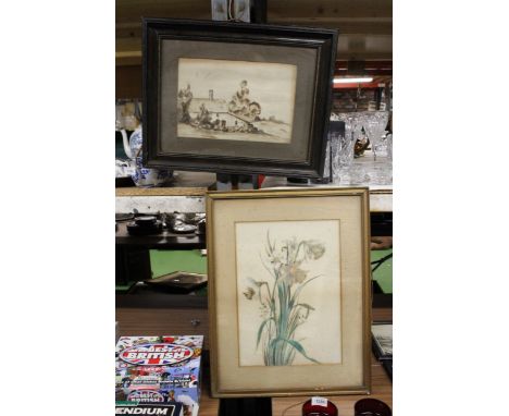 TWO VINTAGE FRAMED WATERCOLOURS, A FARM COTTAGE AND DAFFODILS, SIGNED E PARRY 