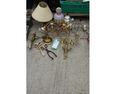 AN ASSORTMENT OF LIGHT FITTINGS AND LAMPS WITH SPARE PARTS ETC 