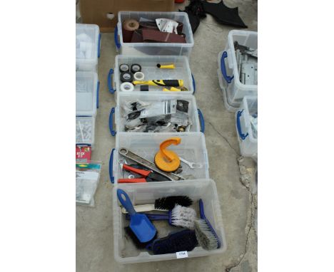 AN ASSORTMENT OF TOOLS AND HARDWARE TO INCLUDE SPANNERS, BRUSHES AND SAND PAPER ETC 