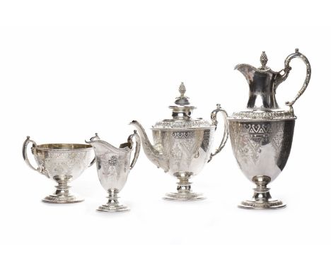 LATE VICTORIAN NEOCLASSICAL SILVER PLATED FOUR PIECE TEA SERVICE comprising teapot, water pot, sugar and cream, maker's mark 