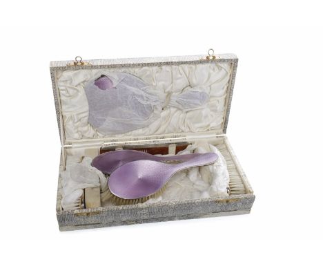 SILVER  AND LILAC GUILLOCHE ENAMELLED SIX PIECE VANITY SETmaker Henry Matthews, Birmingham 1929, comprising two hand held bru