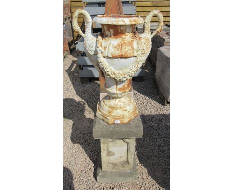Large cast iron urn on stone plinth - Height: 133cm