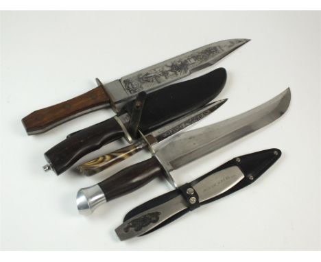 A Buffalo hunting knife, a Bowe knife with scene to the blade, a paper knife with simulated horn handle, a Wilkinson sword kn