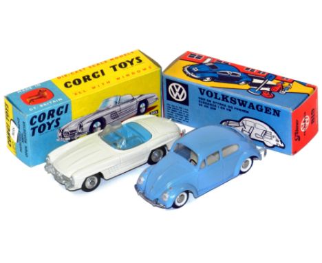 Tekno &amp; Corgi boxed VW &amp; Mercedes; Tekno 819 Volkswagen Beetle Saloon in blue-grey with cream interior with white wal