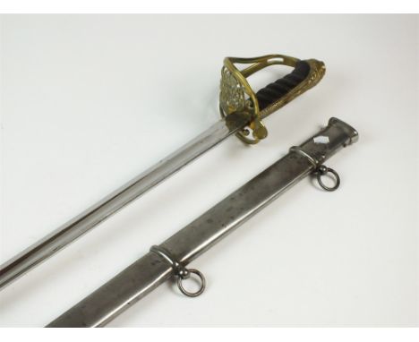 A Victorian Officer's sword, the brass hilt with crown and VR cypher, black leather wirebound grip, the 84cm length blade un-