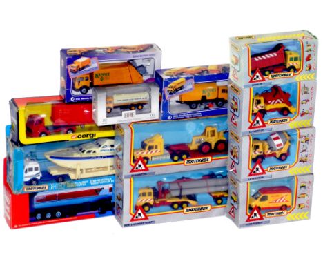 Matchbox Superkings Construction Vehicles: CS-10 Scania T162 &amp; excavator, CS-11 Mercedes 1628 PT with pipe load, CS-4 Ley