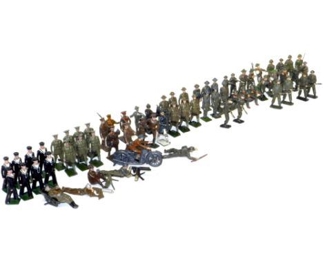 Vintage Britains Khaki Soldiers and Johillco Dispatch rider. Britains Marching Soldiers (8), Khaki flat – capped British Sold