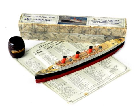 1936 Chad Valley Queen Mary Model &amp; HMS Victory Barrel. Chad Valley RMS Queen Mary take - to – pieces model. Made to prom