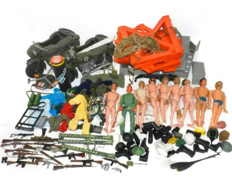 Vintage Action Man figures, accessories, Motorbike and Marx Indian: 8 vintage Action Man figures (3 Eagle Eye, 1 hard hand, p