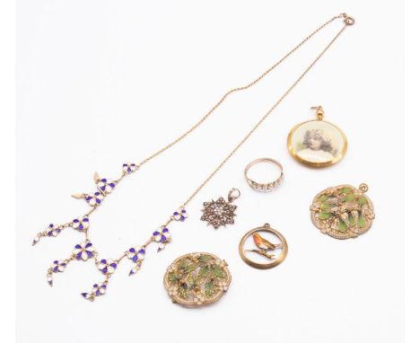 A collection of early 20th century jewellery to include a pearl set gold ring, size N, unmarked assessed as 9ct gold, total g