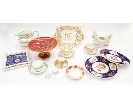 A collection of early 19th century Derby china wares, ie cake stands, cups, saucers, plates, German bisque figure, tea bowl a
