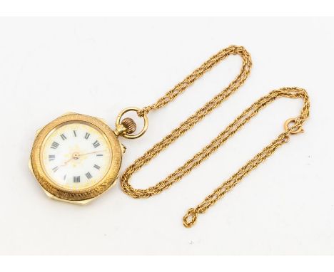 A ladies early 20th century 9ct gold open faced pocket watch, comprising a white enamel dial, roman numeral markers, with gil