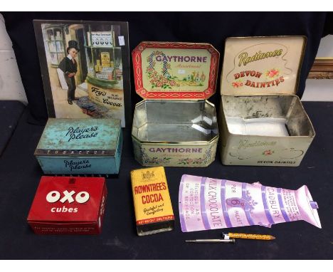 A collectables lot to include; Vintage tins to include Oxo, Gaythorne, Radiance, Players, plus a reproduction advert for coco