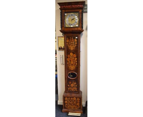 A 20th century reproduction Dutch-style 8-day longcase clock with chime in a mahogany case with transfer inlay and pendulum. 