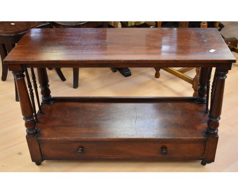 A small mahogany Victorian buffet-style stand, together with an oak sidetable/stand, an Edwardian towel rail, an oak stool, a