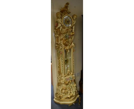 20th century ornate French resin longcase clock with French-style Roman numerals on enamelled plaques, cherub and foliage det