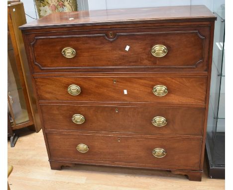 A George III mahogany chest of four drawers with brass swing handles, on bracket feet. Size: 106cm x 109cm x 52cm
