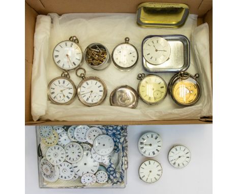 A collection of pocket watch spares to include six silver cased pocket watches all a/f along with a silver case, various enam