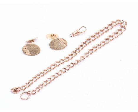 A pair of 9ct gold oval vintage cufflinks, along with a graduated Albert link chain, length approx 27cm, a/f the clasp has de