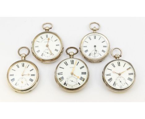 A collection of five late 19th early 20th century silver open faced pocket watches, all with white enamel dials, Roman numera