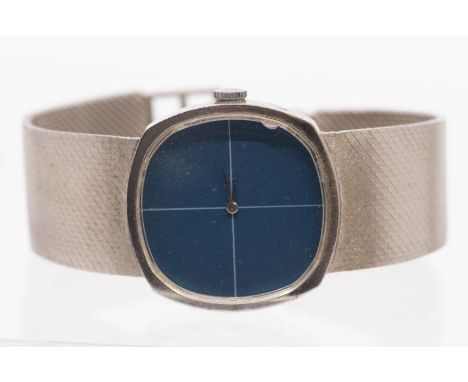 A gents 1970's silver wristwatch with cuhion shaped blue split dial, case approx 30mm, to a textured woven link strap, manual